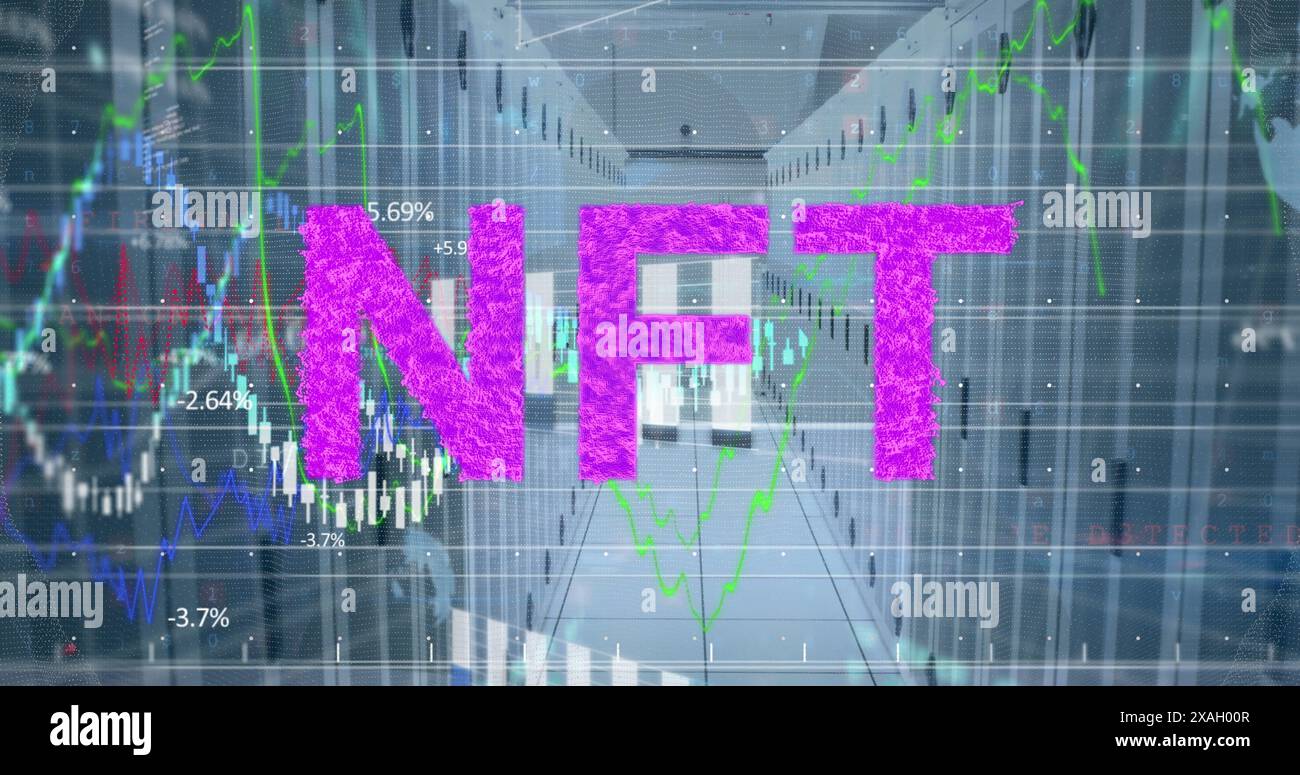 Image of nft text, financial data processing over servers background Stock Photo