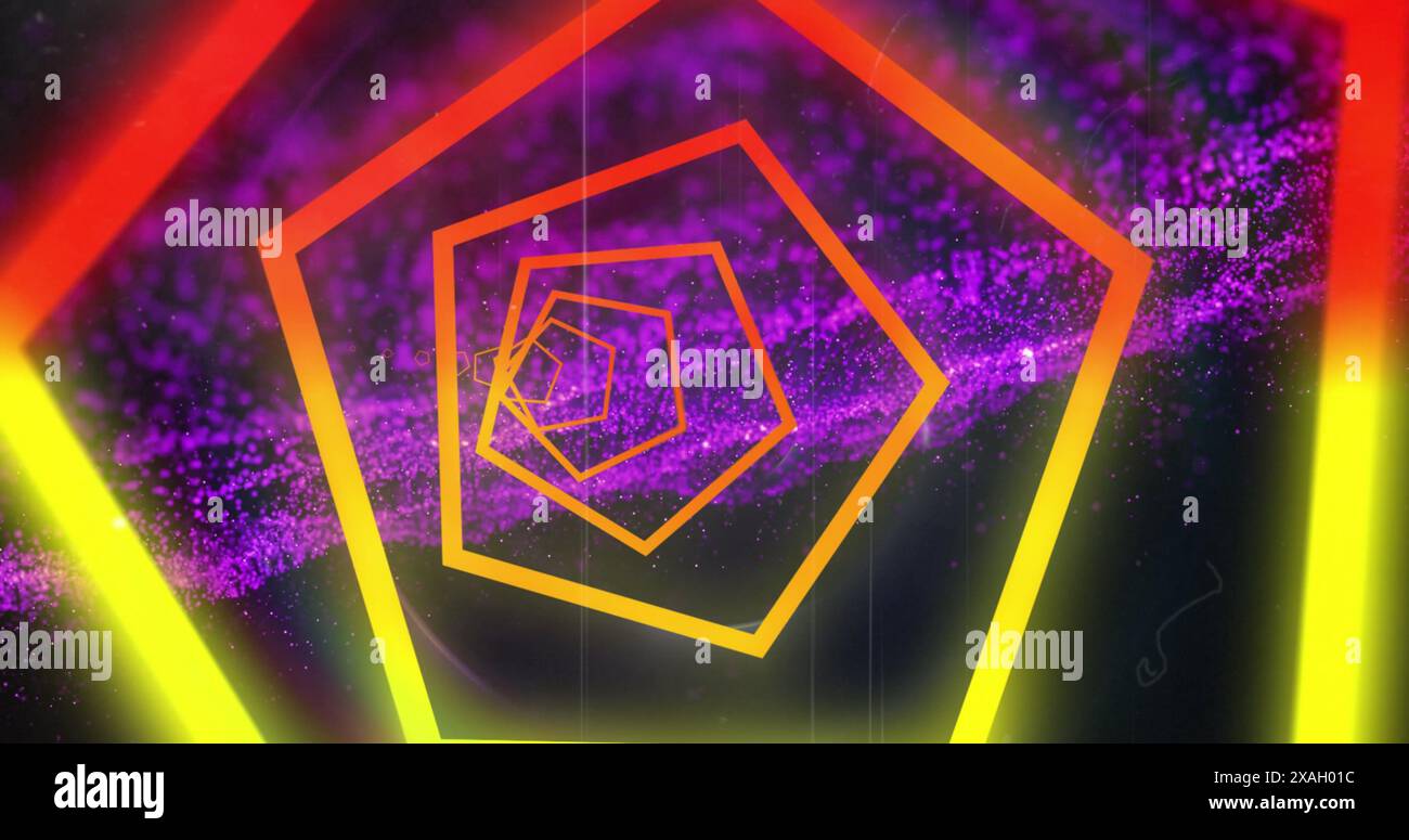 Image of neon tunnel in seamless pattern over purple digital wave against black background Stock Photo