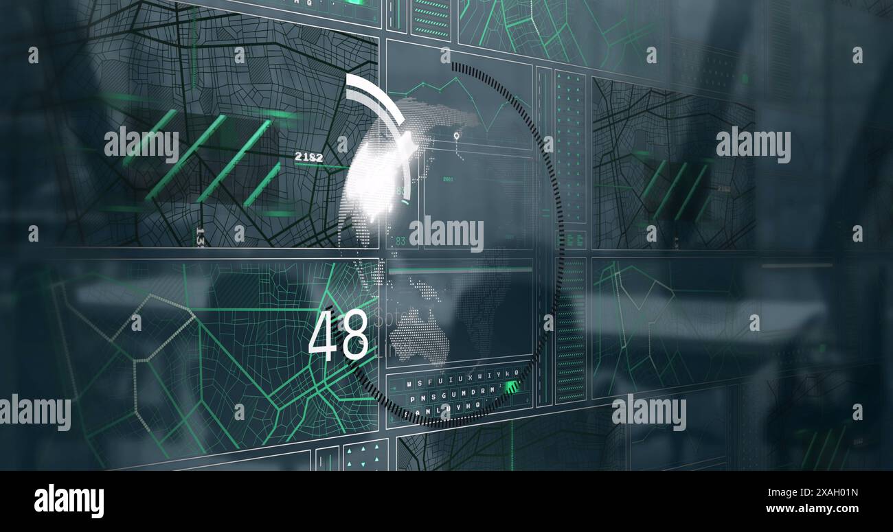 Image of interface with data processing over spinning globe against empty office Stock Photo