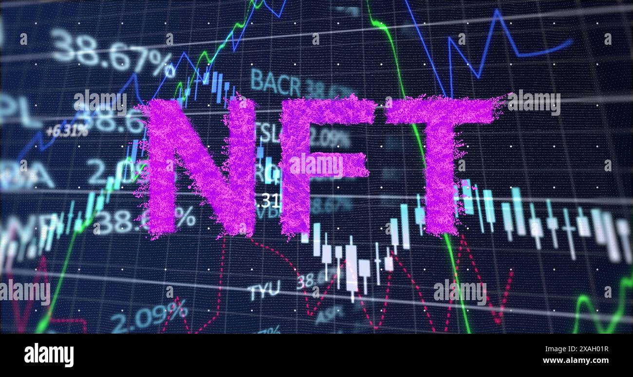 Image of nft text and financial data processing over dark background Stock Photo