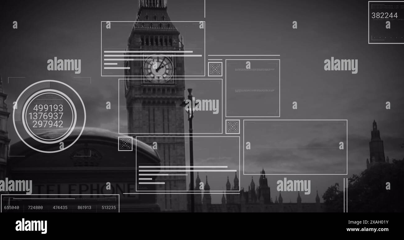 Image of interface with data processing against view of big ben tower Stock Photo
