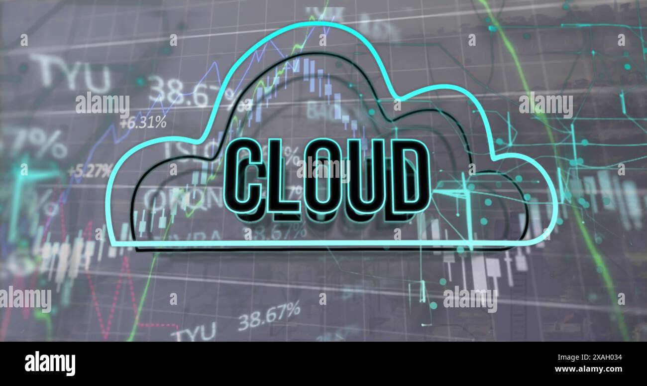 Image of financial data processing over digital cloud with cloud text Stock Photo