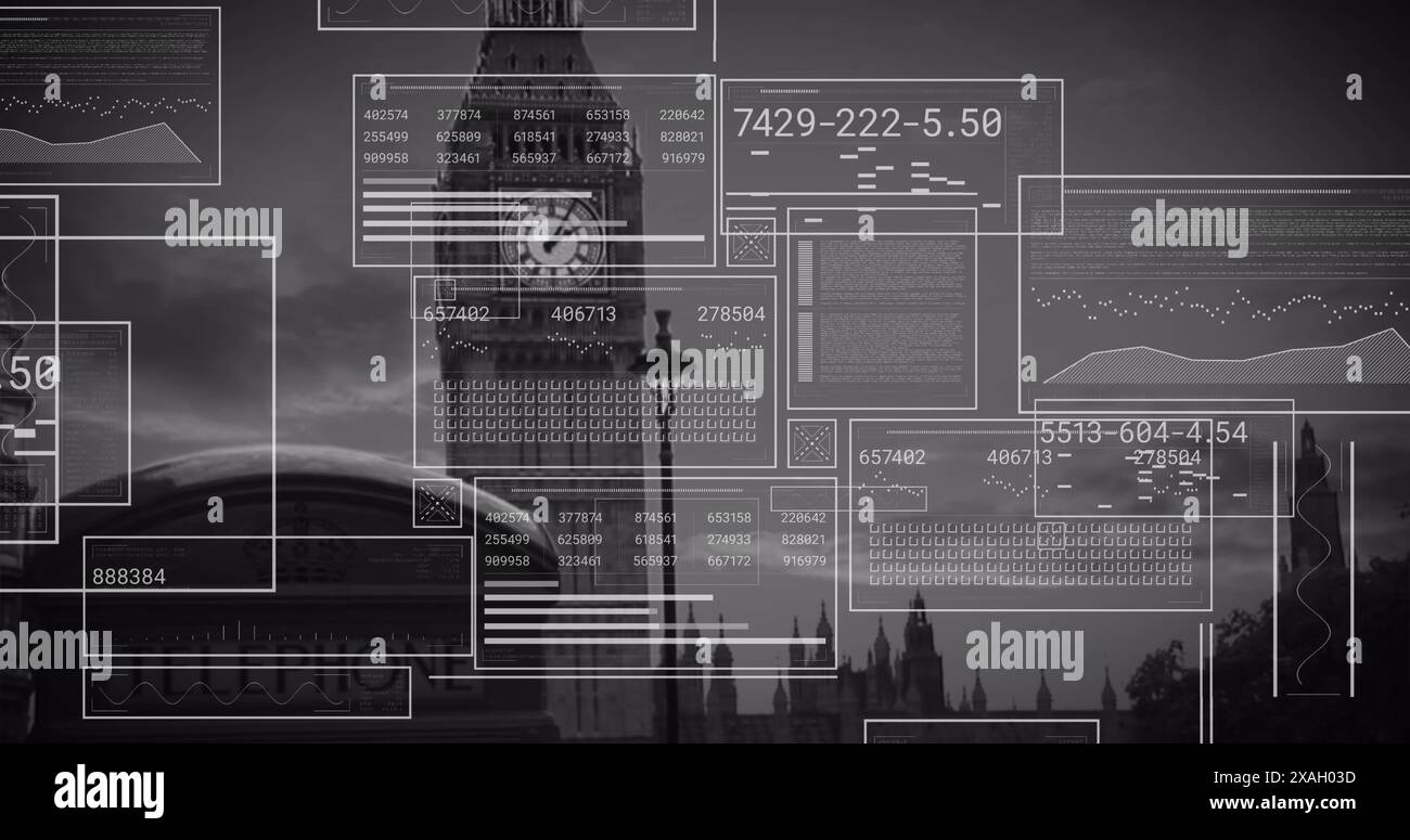 Image of interface with data processing against view of big ben tower Stock Photo