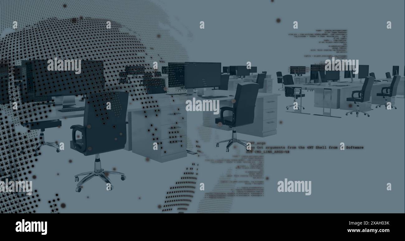 Image of spinning globe and data processing against empty office Stock Photo