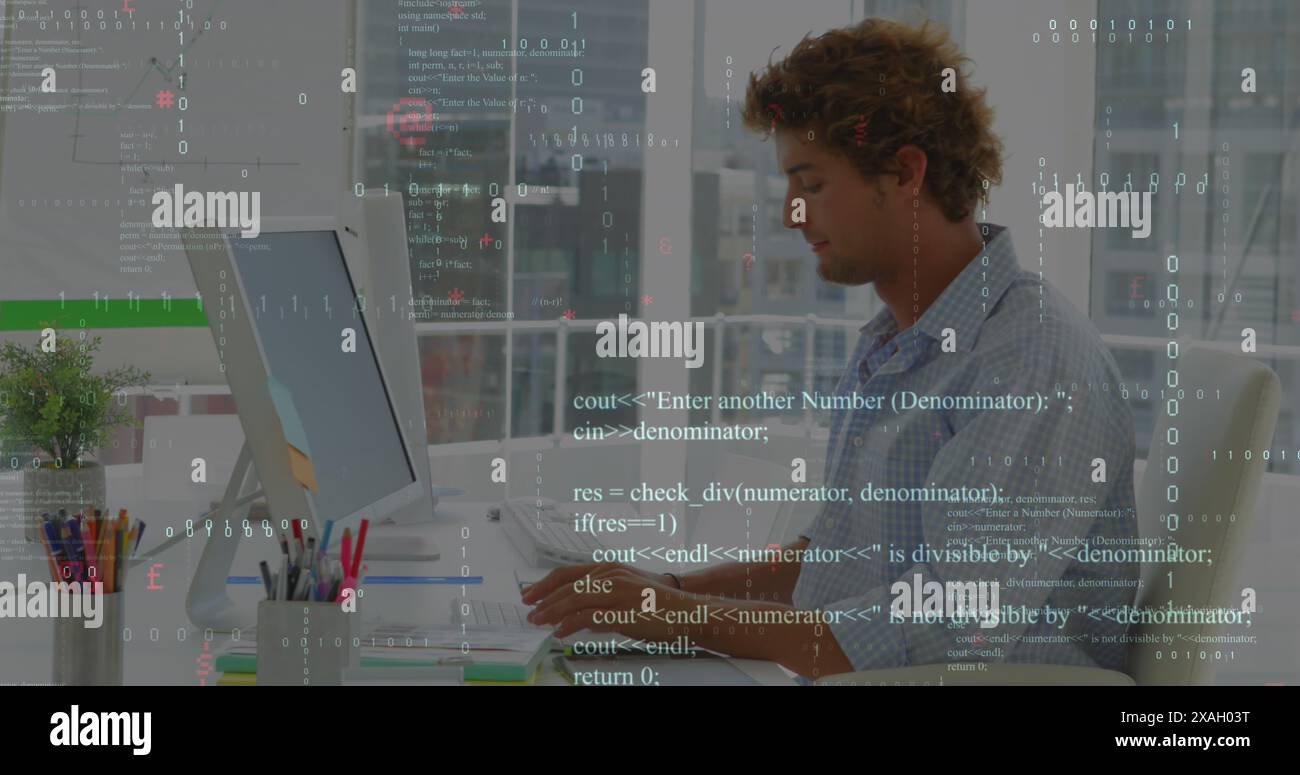 Image of binary codes, computer language, caucasian man riding on chair and working on laptop Stock Photo