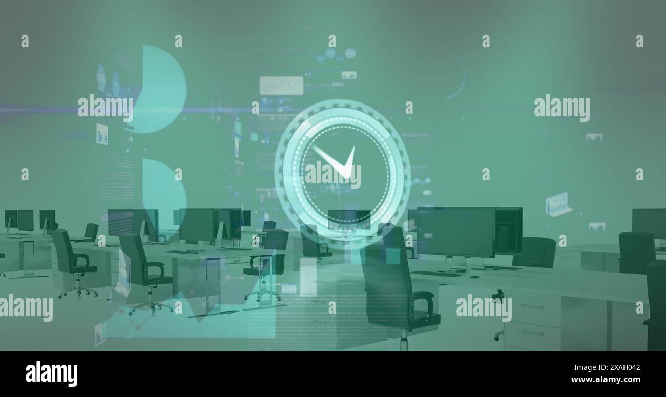 Image of neon ticking clock and data processing against empty office Stock Photo