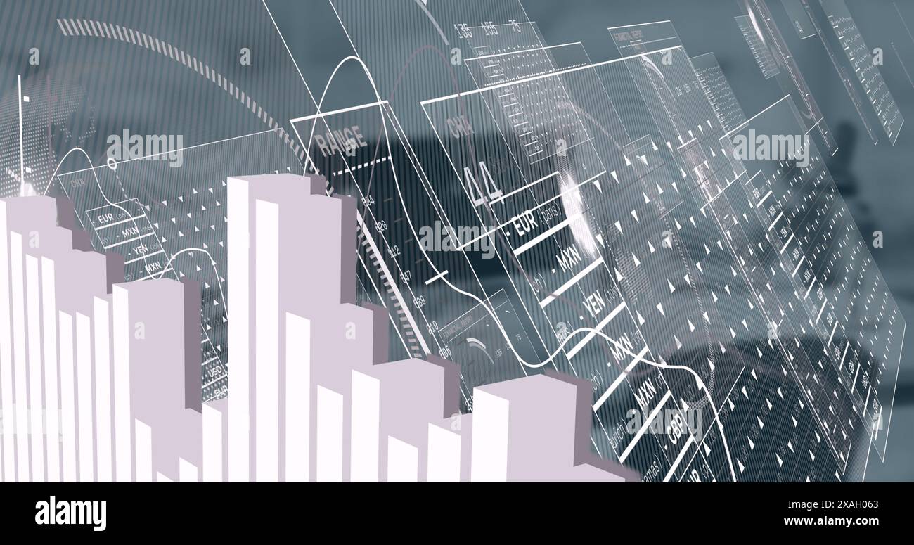 Image of interface with data processing over spinning globe against empty office Stock Photo