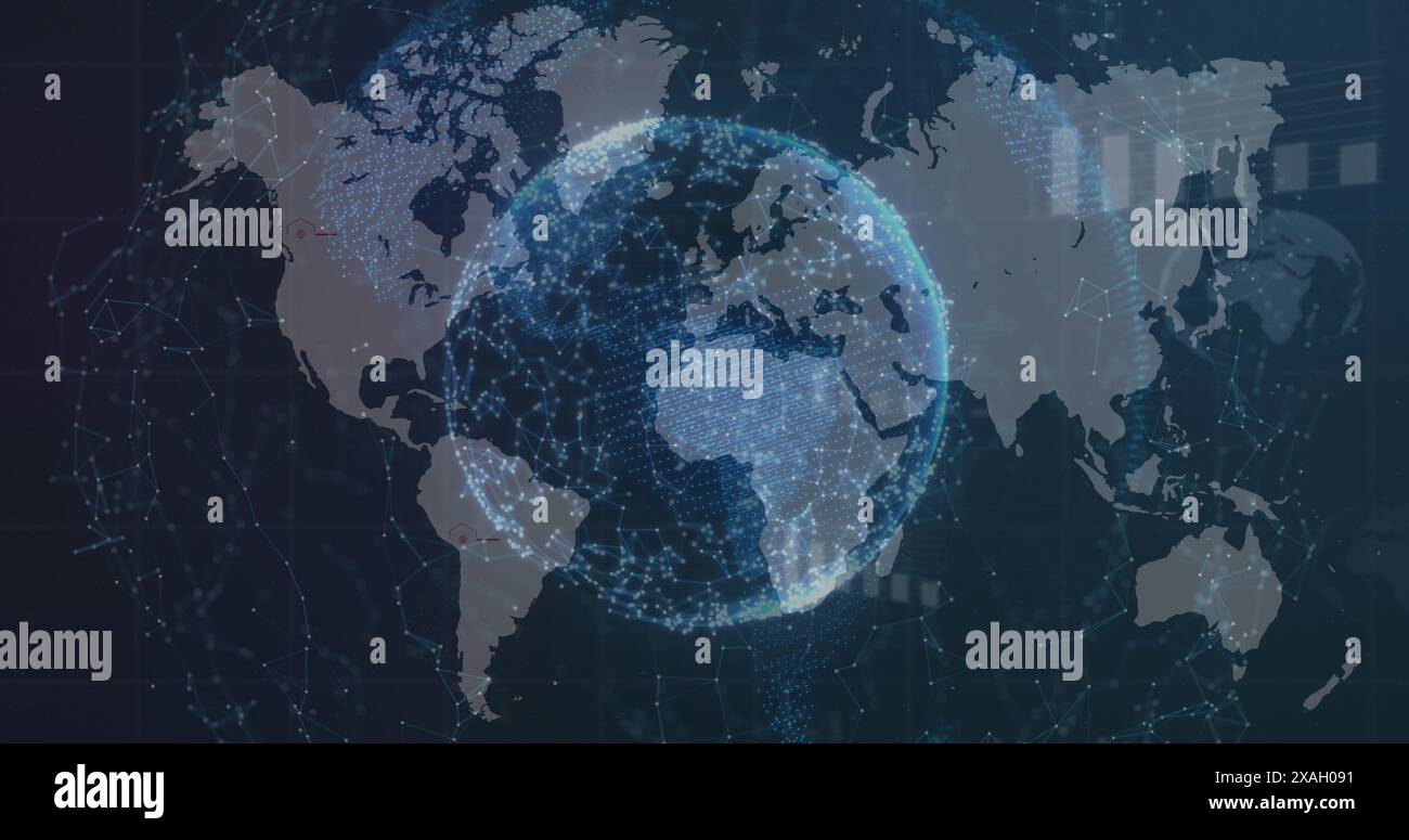 Image of data processing with globe and world map on black background ...