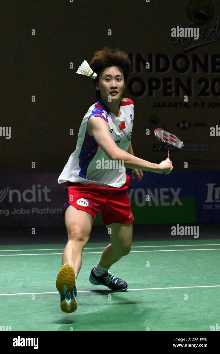 Jakatar, Indonesia. 7th June, 2024. Chen Yufei hits a return during the women's singles quarter final match between Chen Yufei of China and Sung Shuo Yun of Chinese Taipei at 2024 Indonesia Open badminton tournament in Jakarta, Indonesia, June 7, 2024. Credit: Veri Sanovri/Xinhua/Alamy Live News Stock Photo