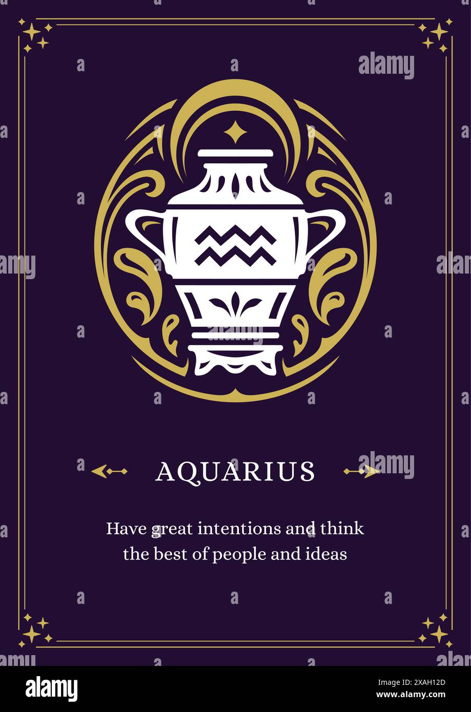 Aquarius zodiac horoscope antique jug of water mythic prediction vintage poster design template vector illustration. Astrology symbol lunar calendar i Stock Vector