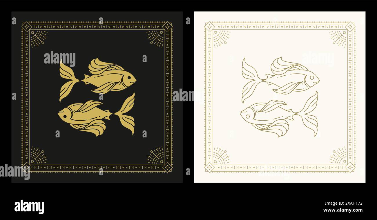 Pisces zodiac astrology mythology celestial antique line art deco vintage card set vector illustration. Fishes astronomy horoscope lunar calendar futu Stock Vector