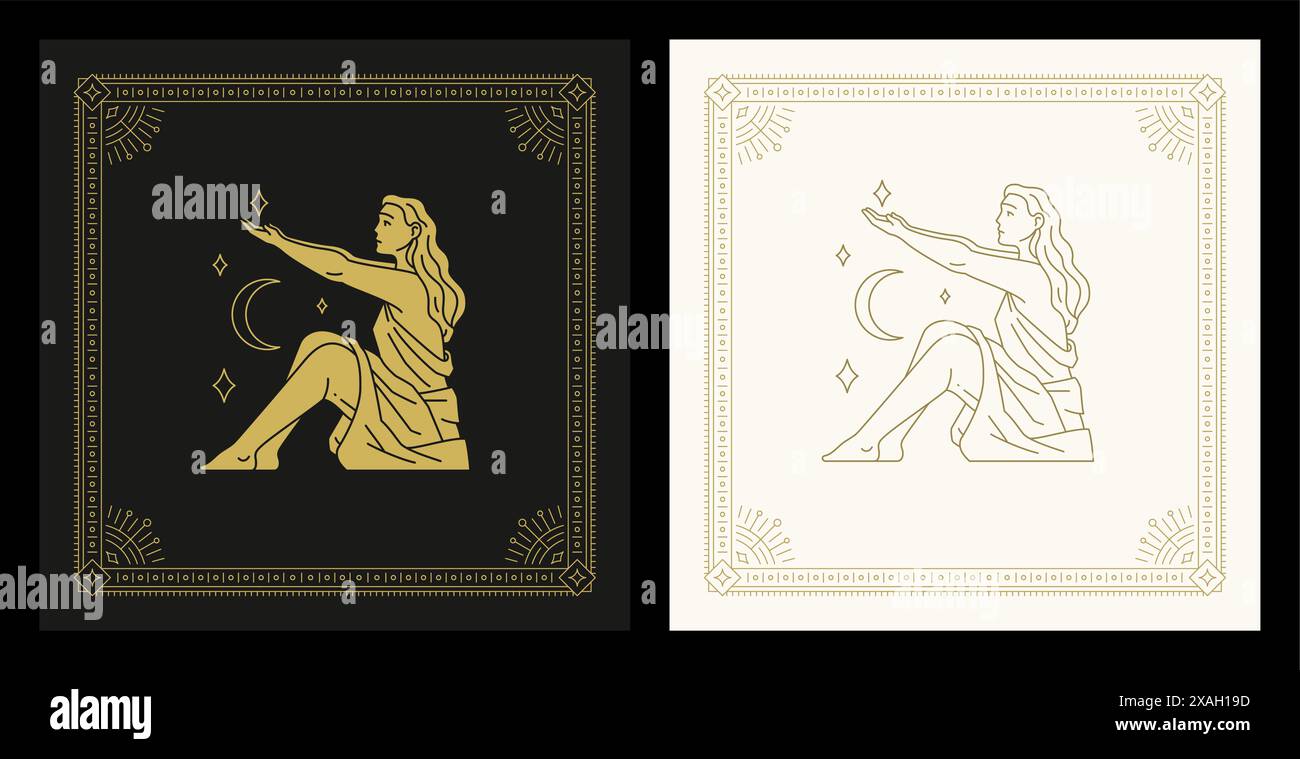Virgo zodiac astrology symbol woman crescent stars line art deco vintage card set vector illustration. Horoscope astronomy sacred antique lunar calend Stock Vector