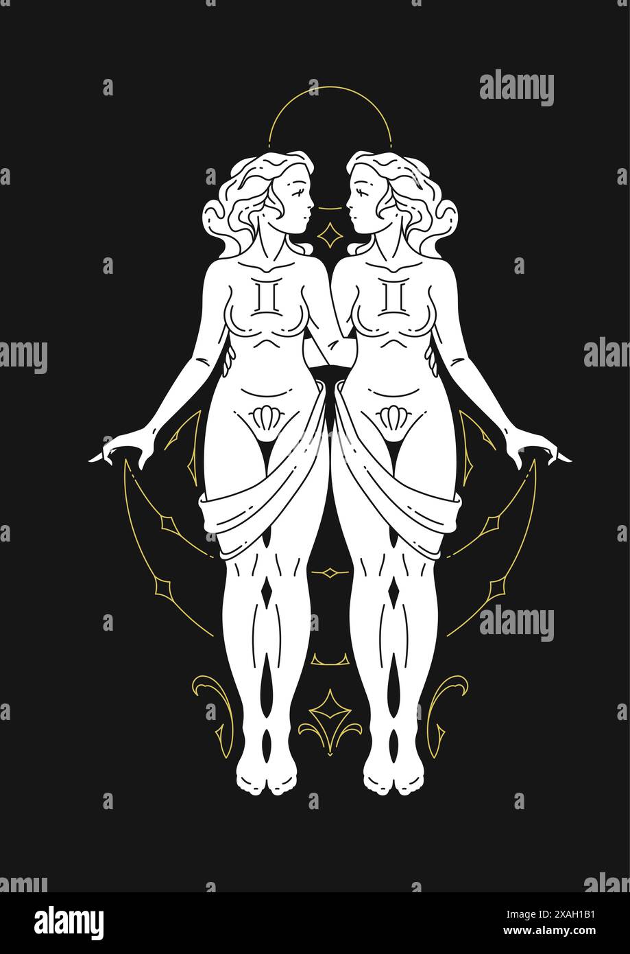 Gemini Woman Zodiac Symbol Antique Goddess Astrology Celestial Line Art Deco Vector Illustration 5221