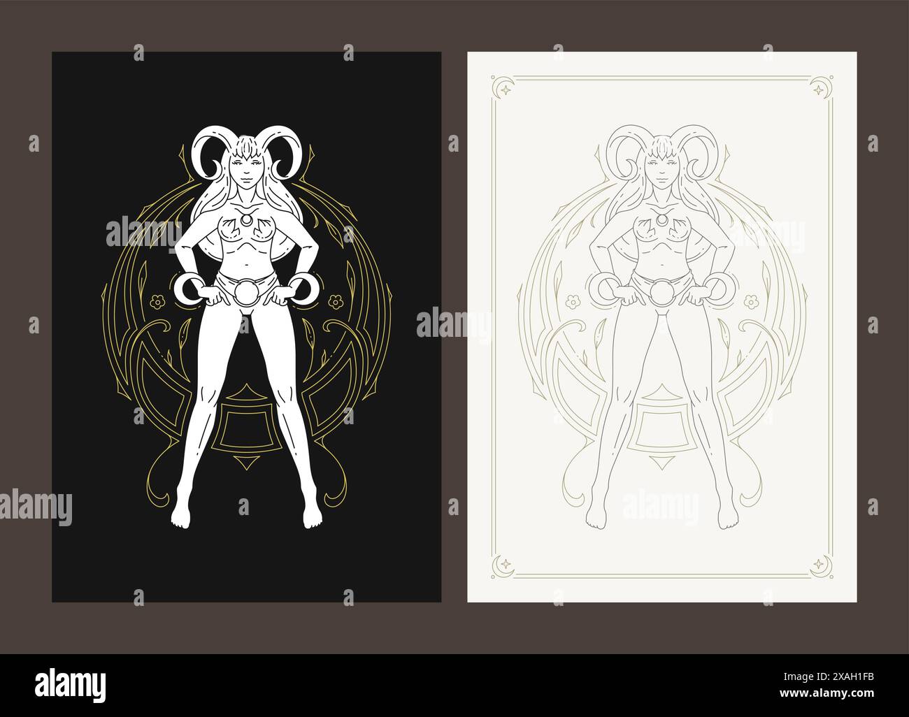 Aries zodiac mythology woman goddess celestial lunar calendar line art ...