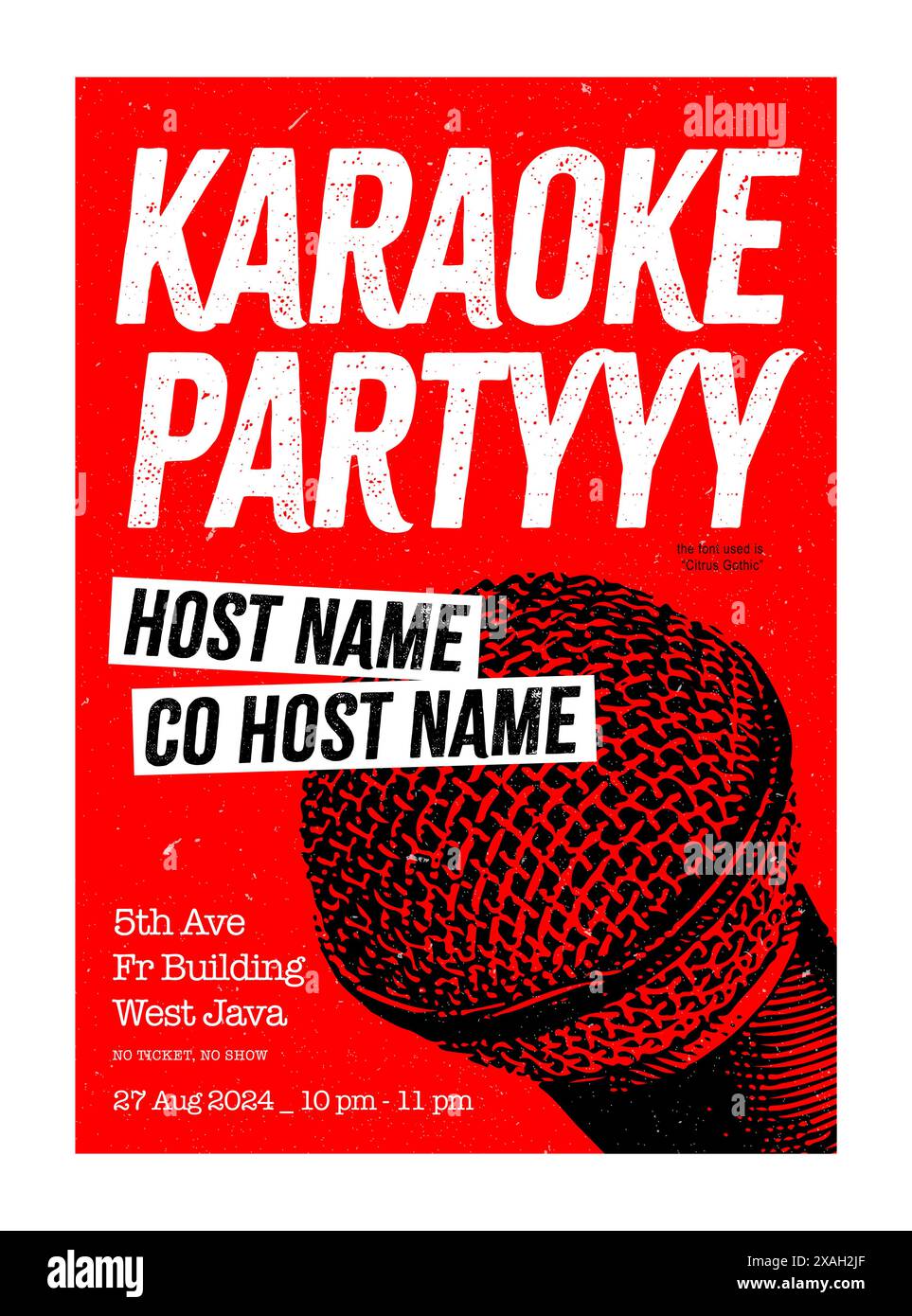 karaoke night poster with hand hold microphone, vector format, sing party flyer, with paper texture grunge effect, colorful background Stock Vector