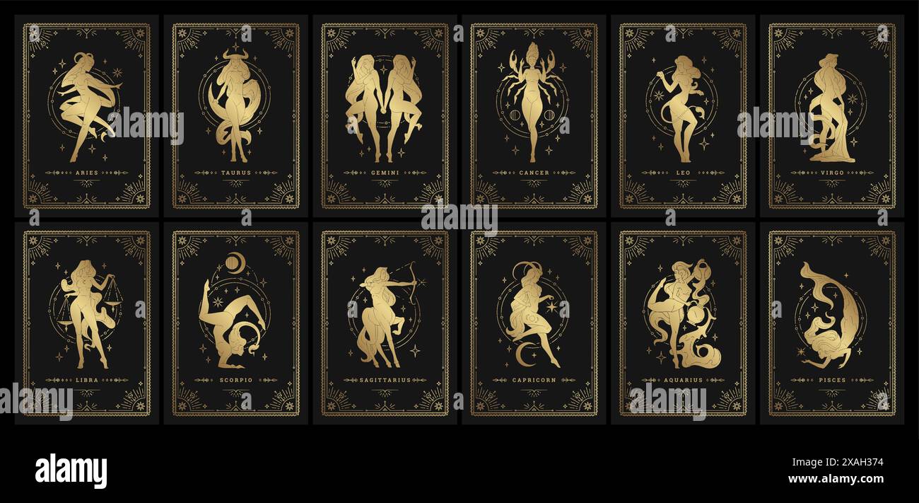 Zodiac womans horoscope signs linocut silhouettes design vector illustrations set. Astrology symbols of esoteric female characters templates for cards Stock Vector