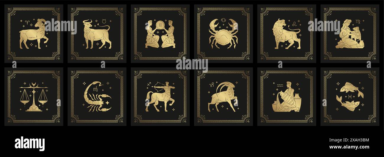 Zodiac astrology horoscope signs linocut silhouettes design vector ...