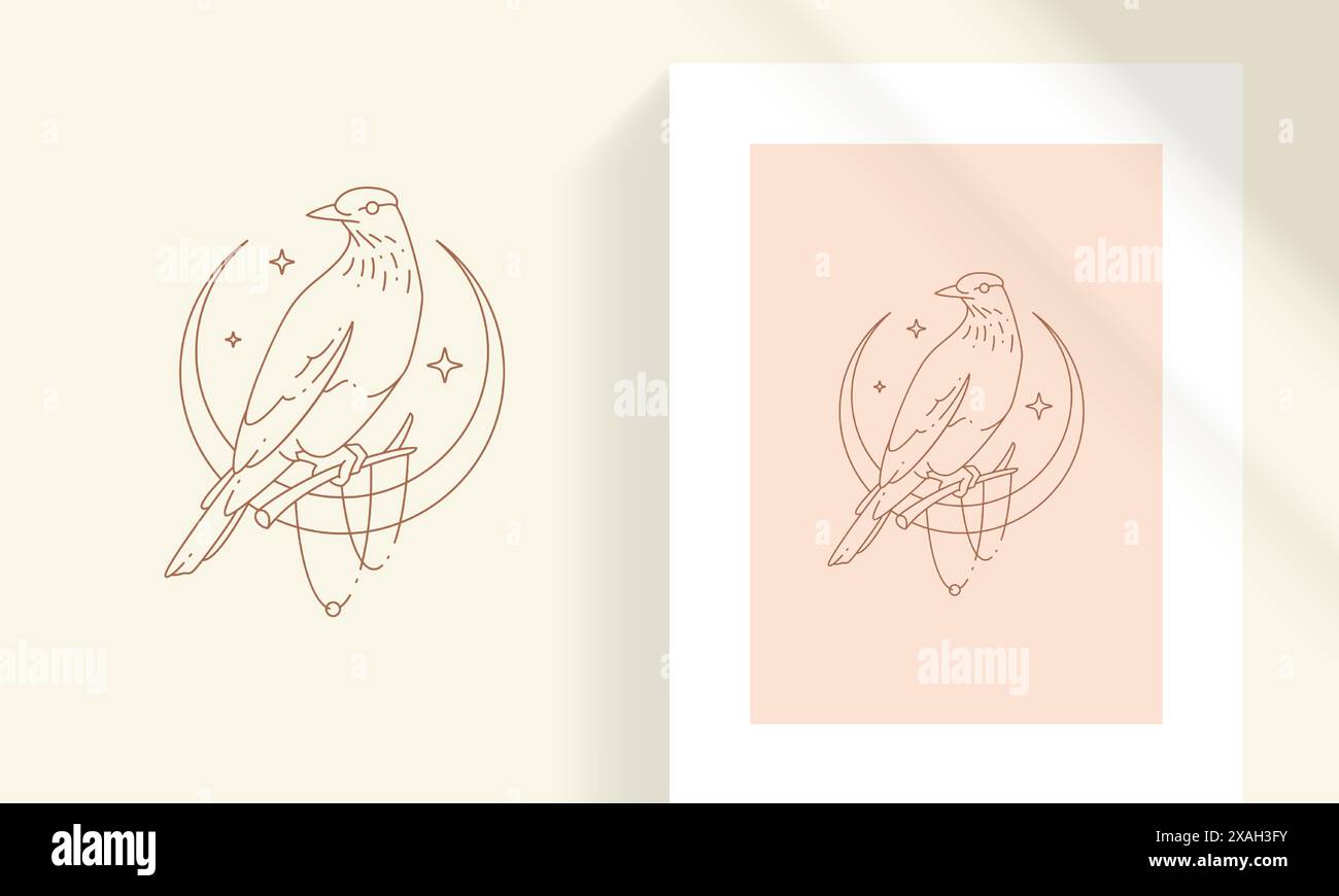 Bird sitting on branch with crescent moon and stars line art style vector illustration. Boho raven linear drawing for poster and logo emblem decoratio Stock Vector