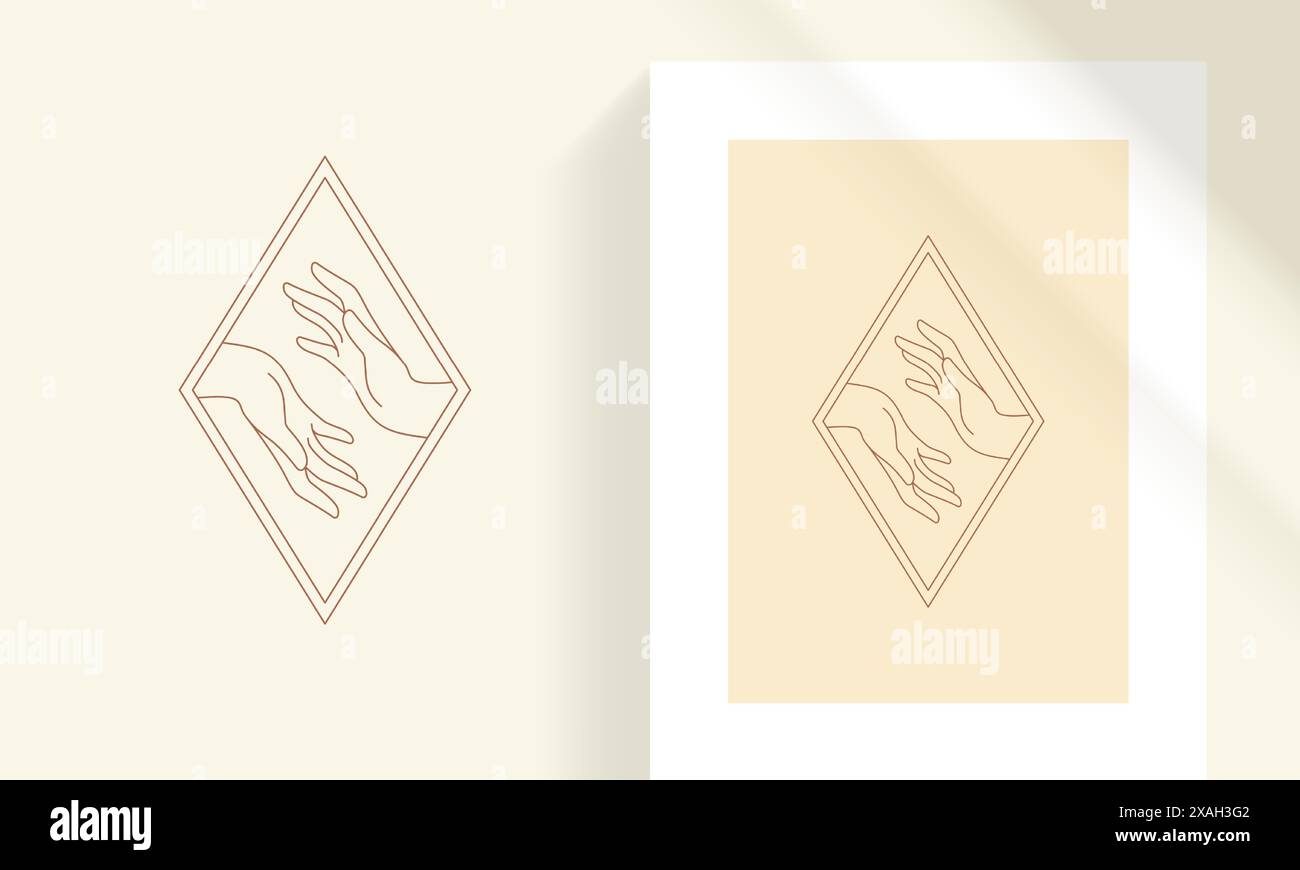 Female tender hands as love and care concept line art style vector illustration. Boho mystic linear drawing for poster and esoteric practices logo emb Stock Vector