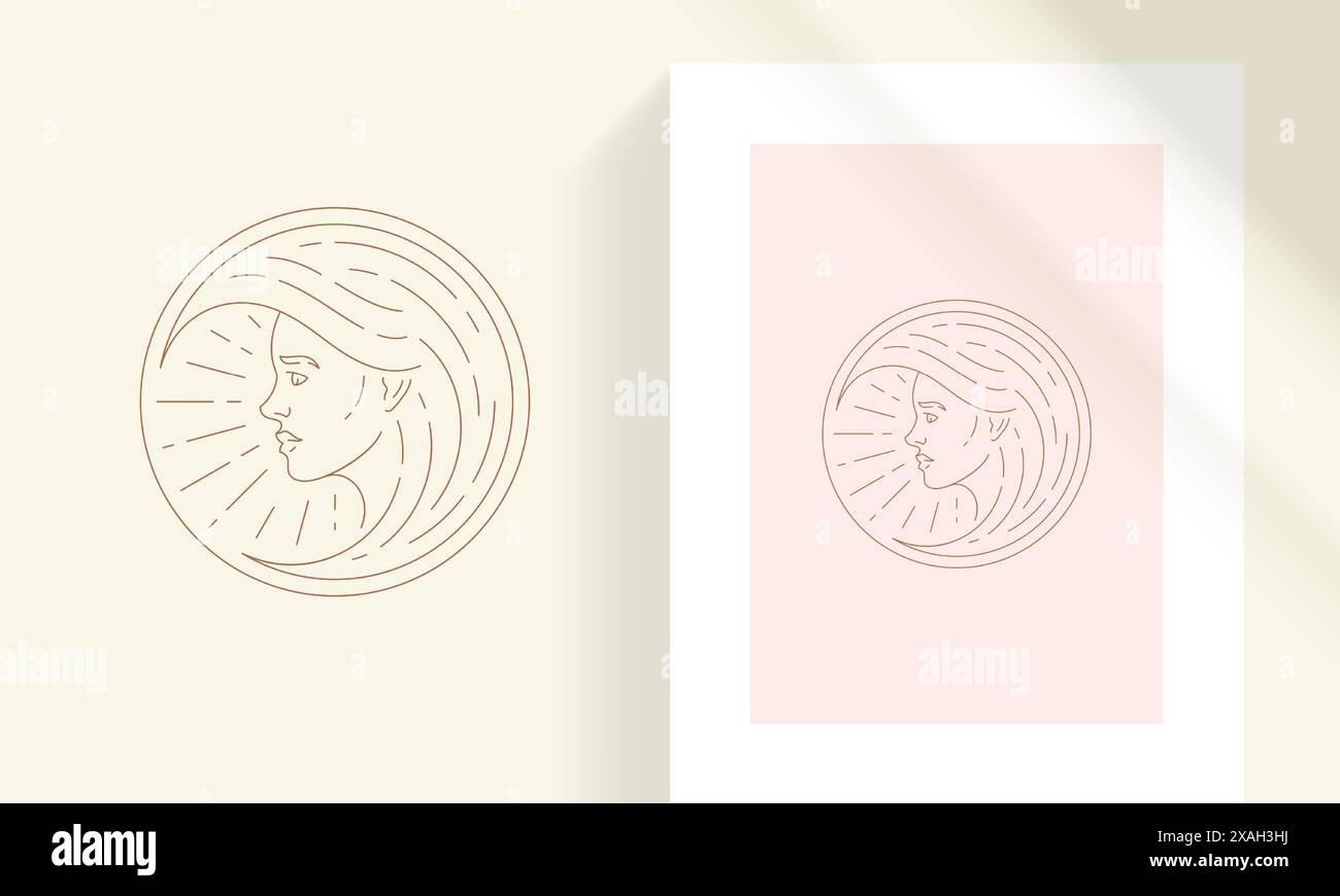 Female face in round frame line art style vector illustration. Boho female face as moon crescent linear drawing for poster and magic logo emblem decor Stock Vector