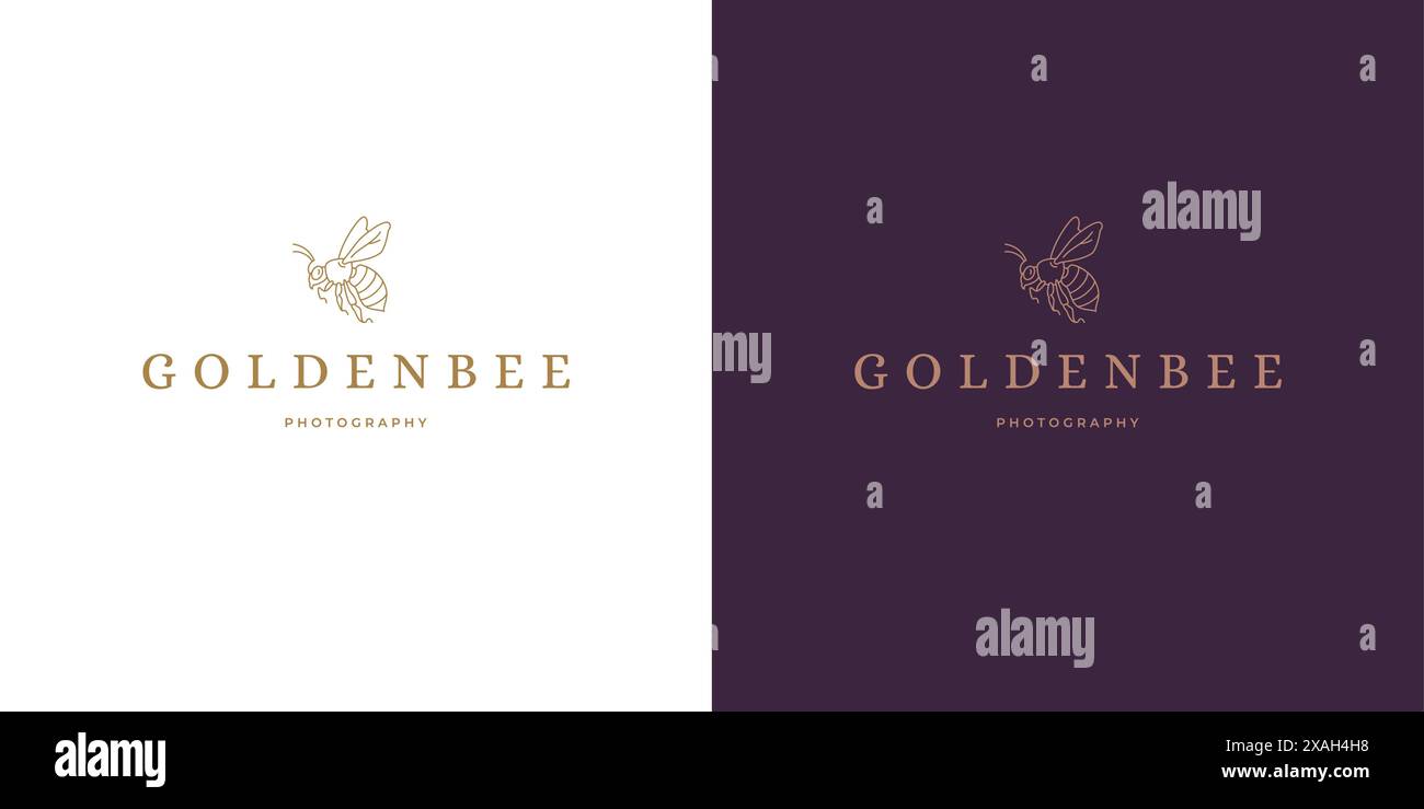 Golden wasp logo template linear vector illustration. Flying bee with wings and striped body silhouette line art style. Good for logotype emblem. Stock Vector