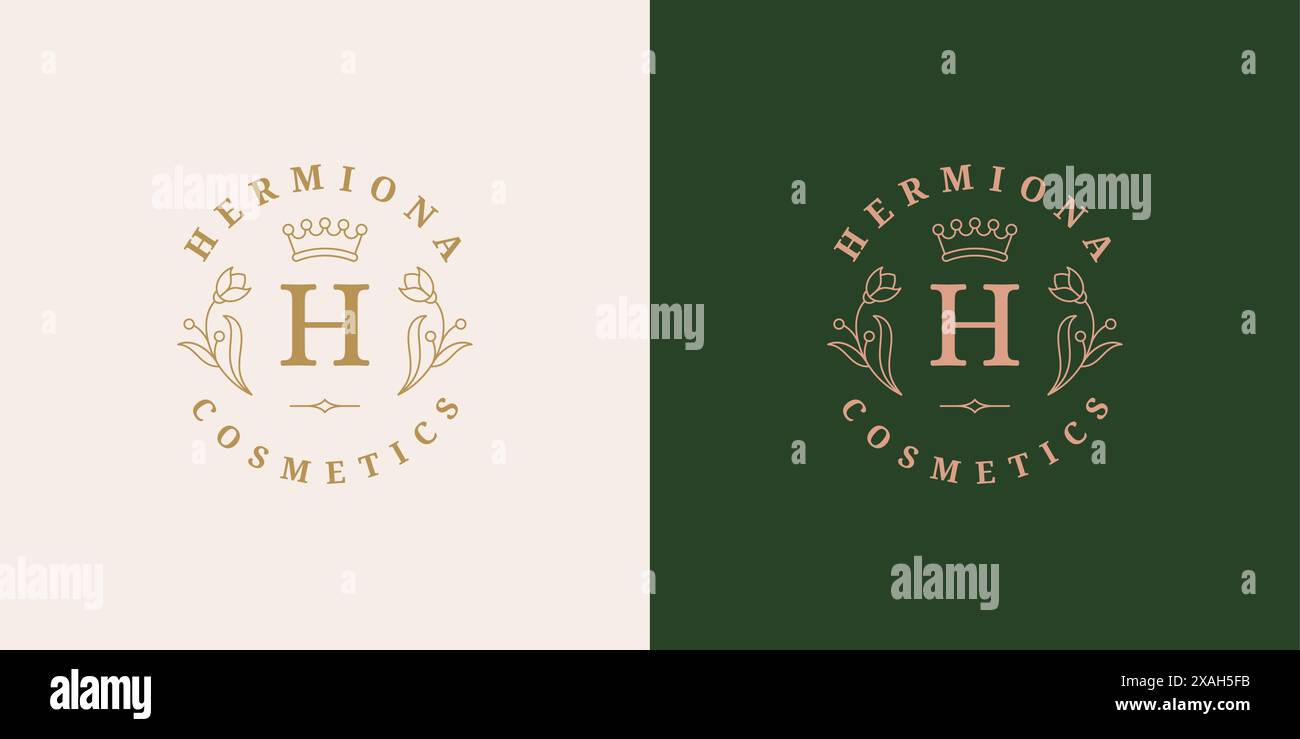 Elegant flowers and royal crown logo template linear vector ...