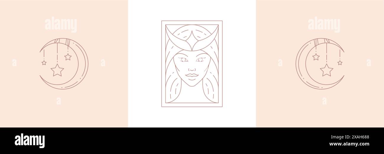 Magic woman face and moon crescent with stars in boho linear style ...