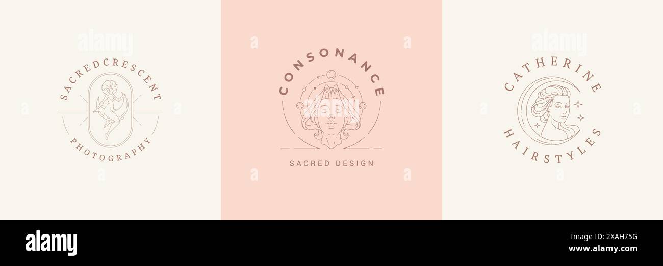 Feminine logos emblems design templates set with magic female vector ...