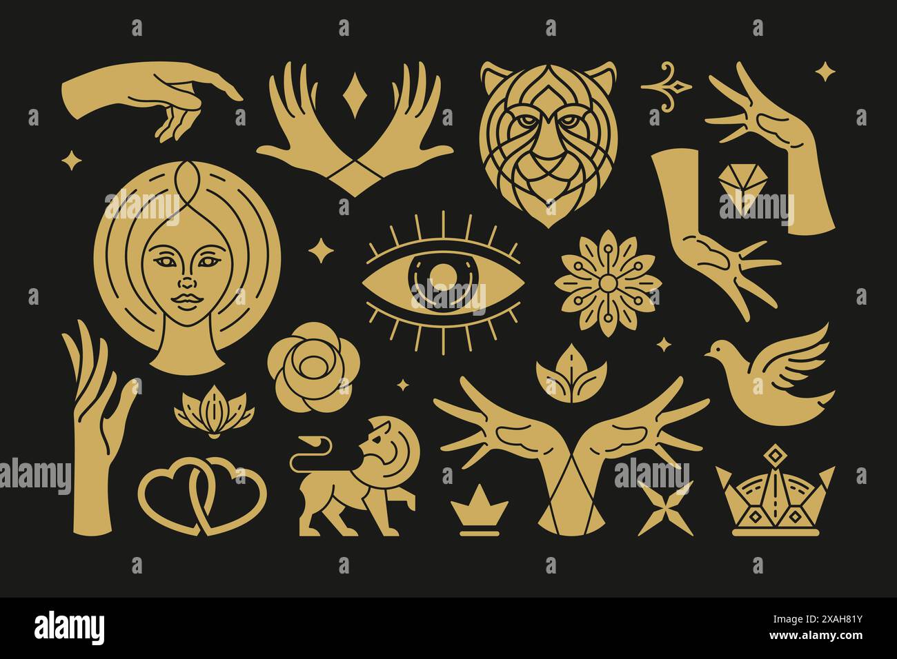 Magic and mystic vector design elements set with female hands gestures. Hand drawn silhouettes, spiritual stickers collection. Witchcraft symbols for Stock Vector
