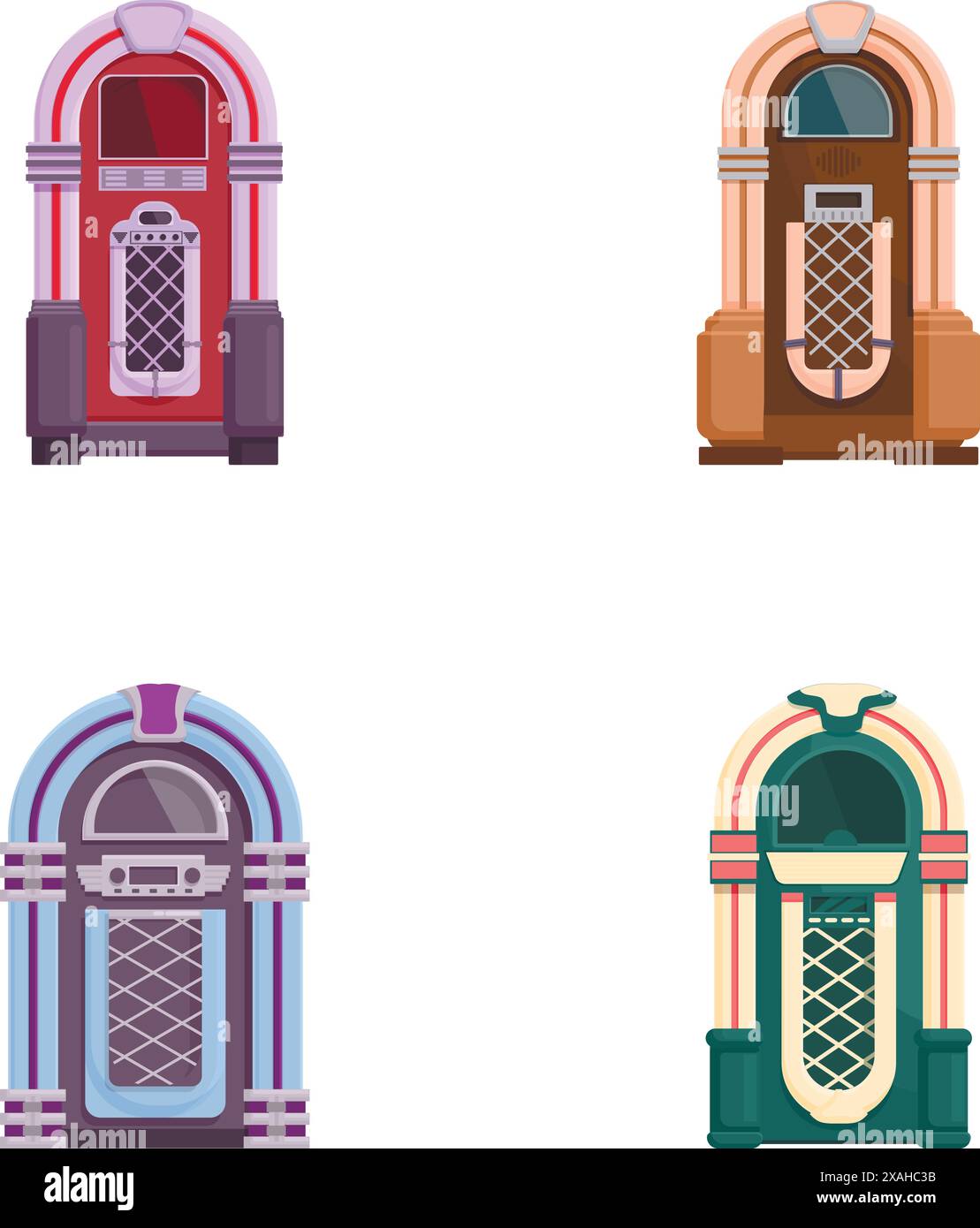 Set of colorful retro jukeboxes, perfect for nostalgic design themes Stock Vector