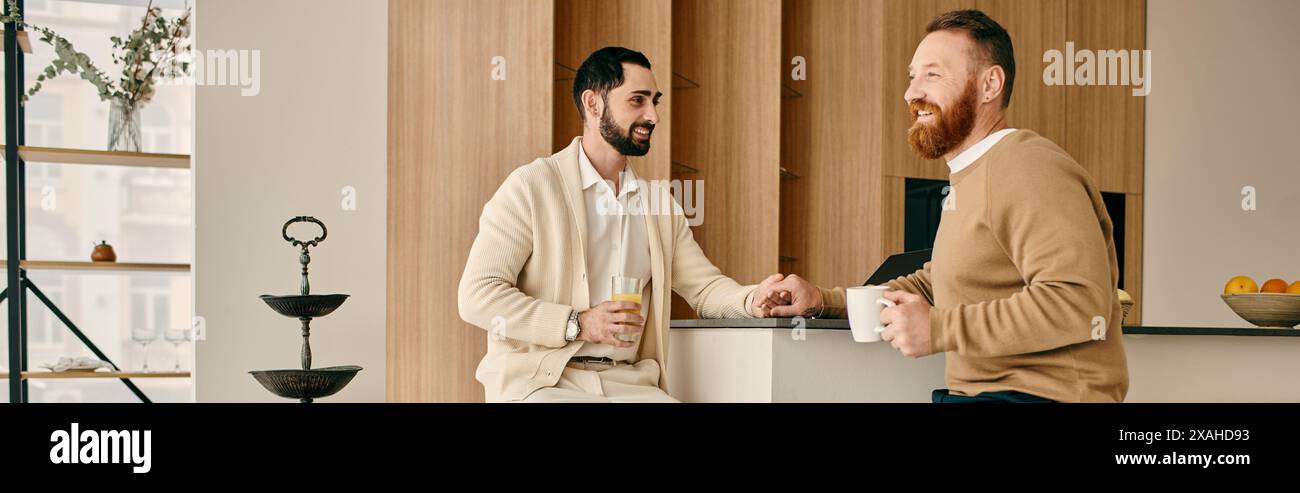 Kitchen Discussion Two men engaged in a lively discussion while seated in a modern kitchen ...