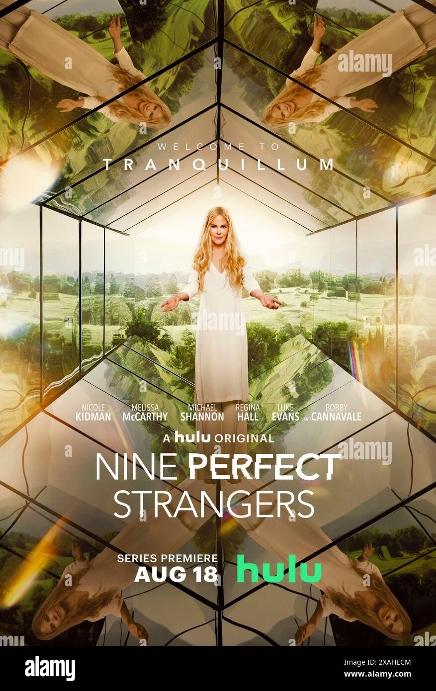 Nine Perfect Strangers (2021) TV series created by John-Henry Butterworth and David E. Kelley and starring Nicole Kidman, Melissa McCarthy and Michael Shannon. Nine stressed city dwellers visit a boutique health-and-wellness resort that promises healing and transformation. The resort's director is a woman on a mission to reinvigorate their tired minds and bodies. Publicity poster ***EDITORIAL USE ONLY***. Credit: BFA / Hulu Stock Photo