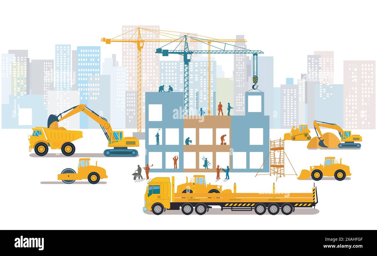 Construction workers on the construction site with construction machinery, illustration Stock Vector