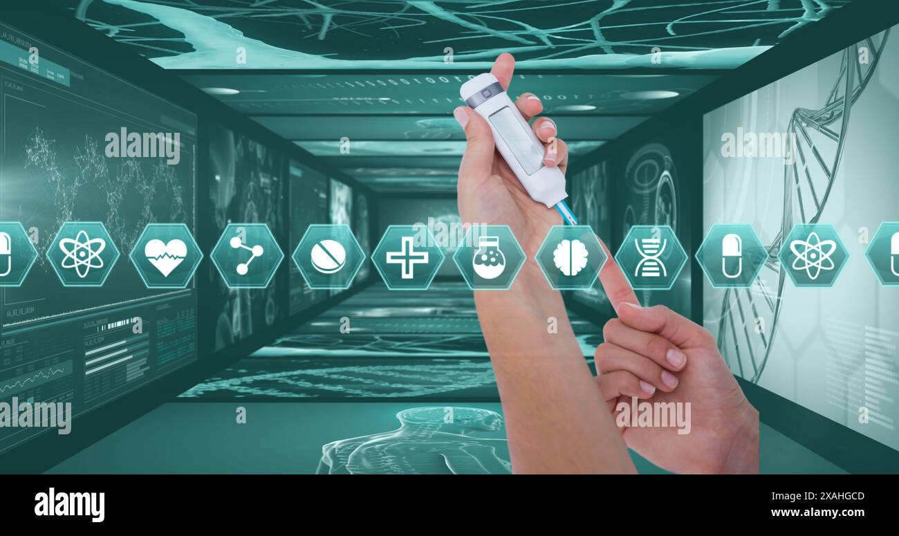 Image of medical icons over patient using glucose meter Stock Photo