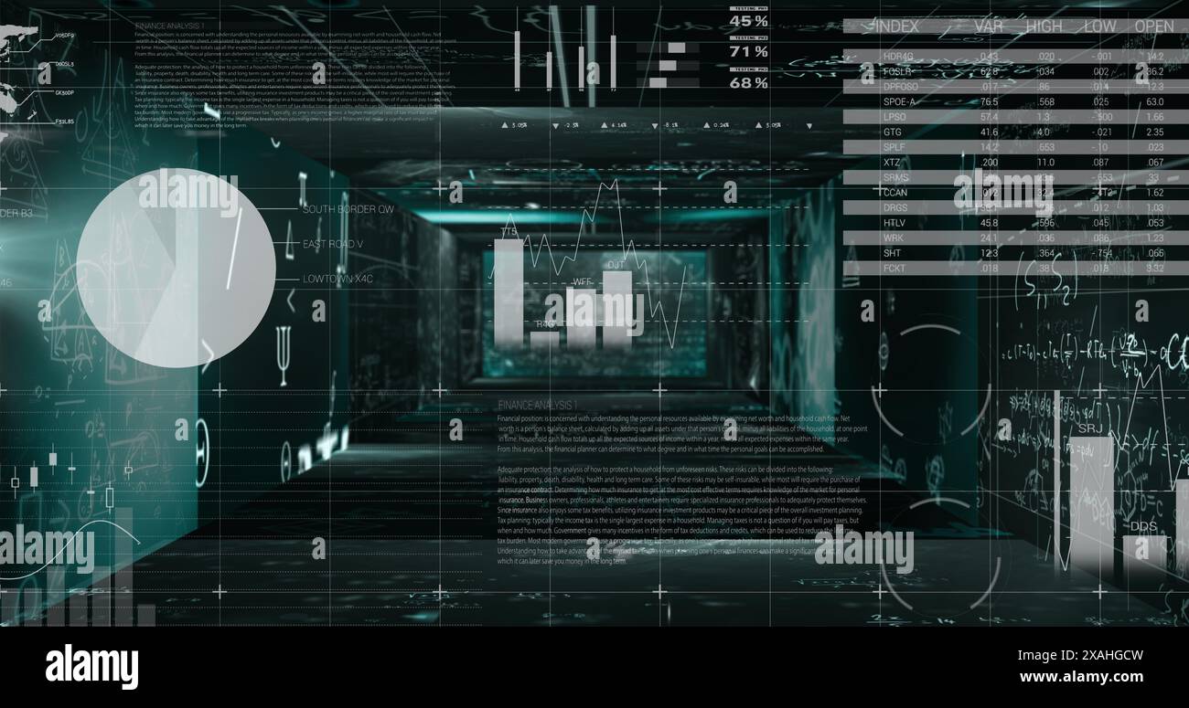 Image of data processing over screens on black background Stock Photo