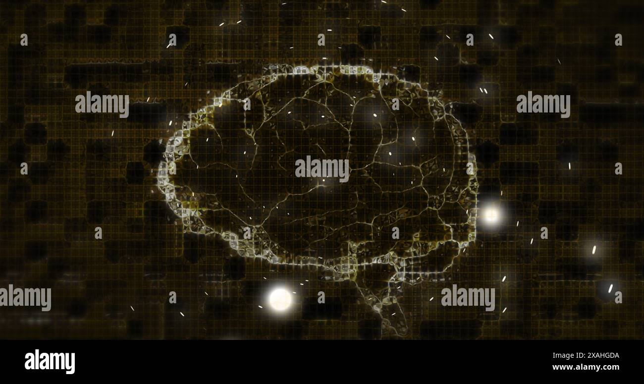 Light trails over human brain spinning against brown background ...