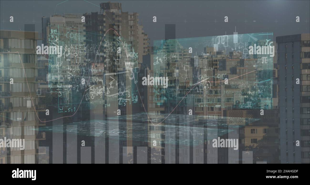 Image of data processing over screens and cityscape Stock Photo