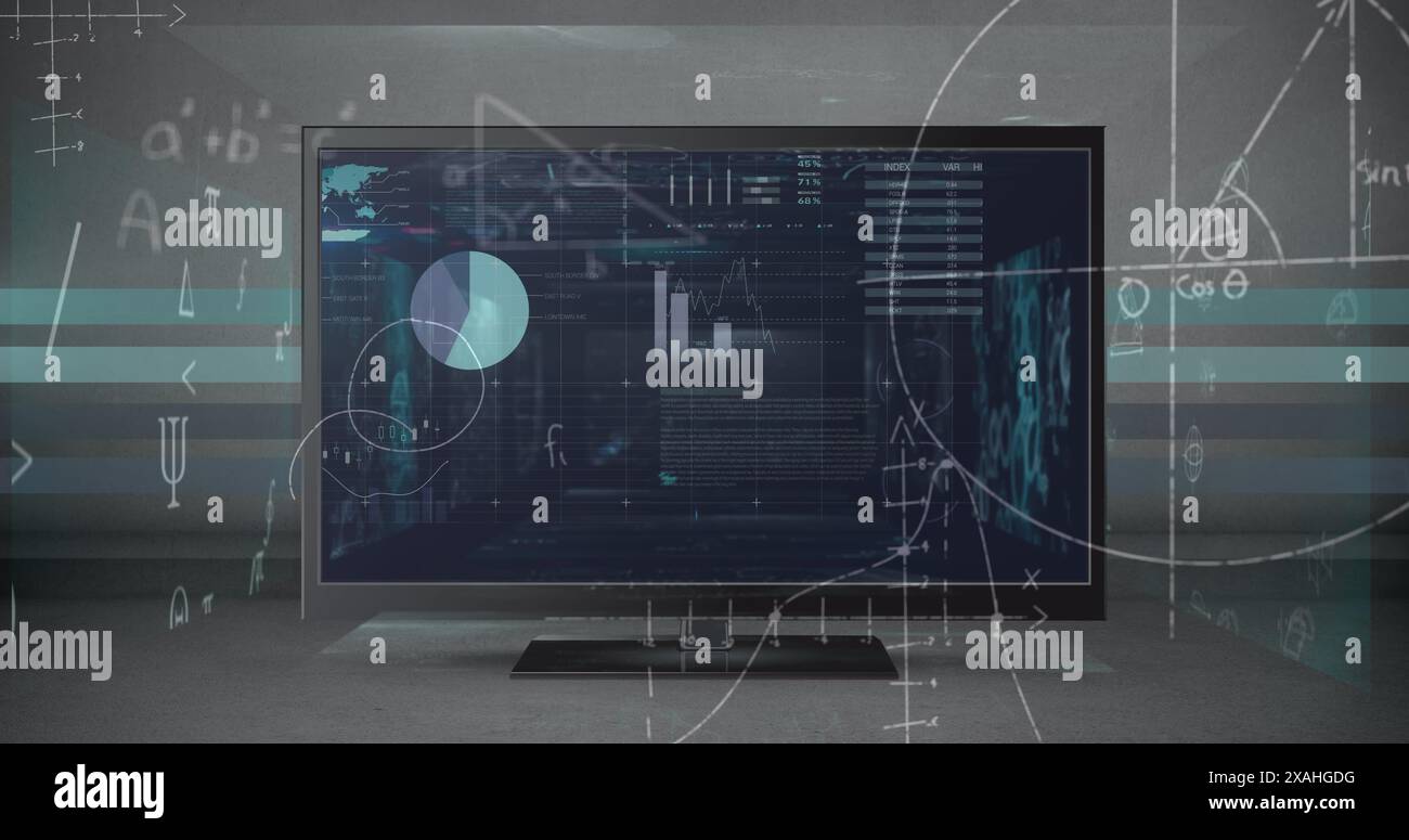Image of data processing over screen on grey background Stock Photo