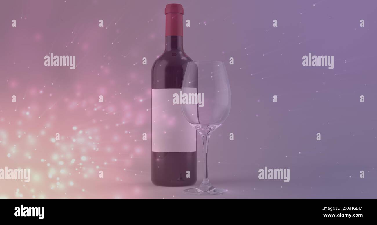 Image of lights over bottle of red wine on violet background Stock Photo