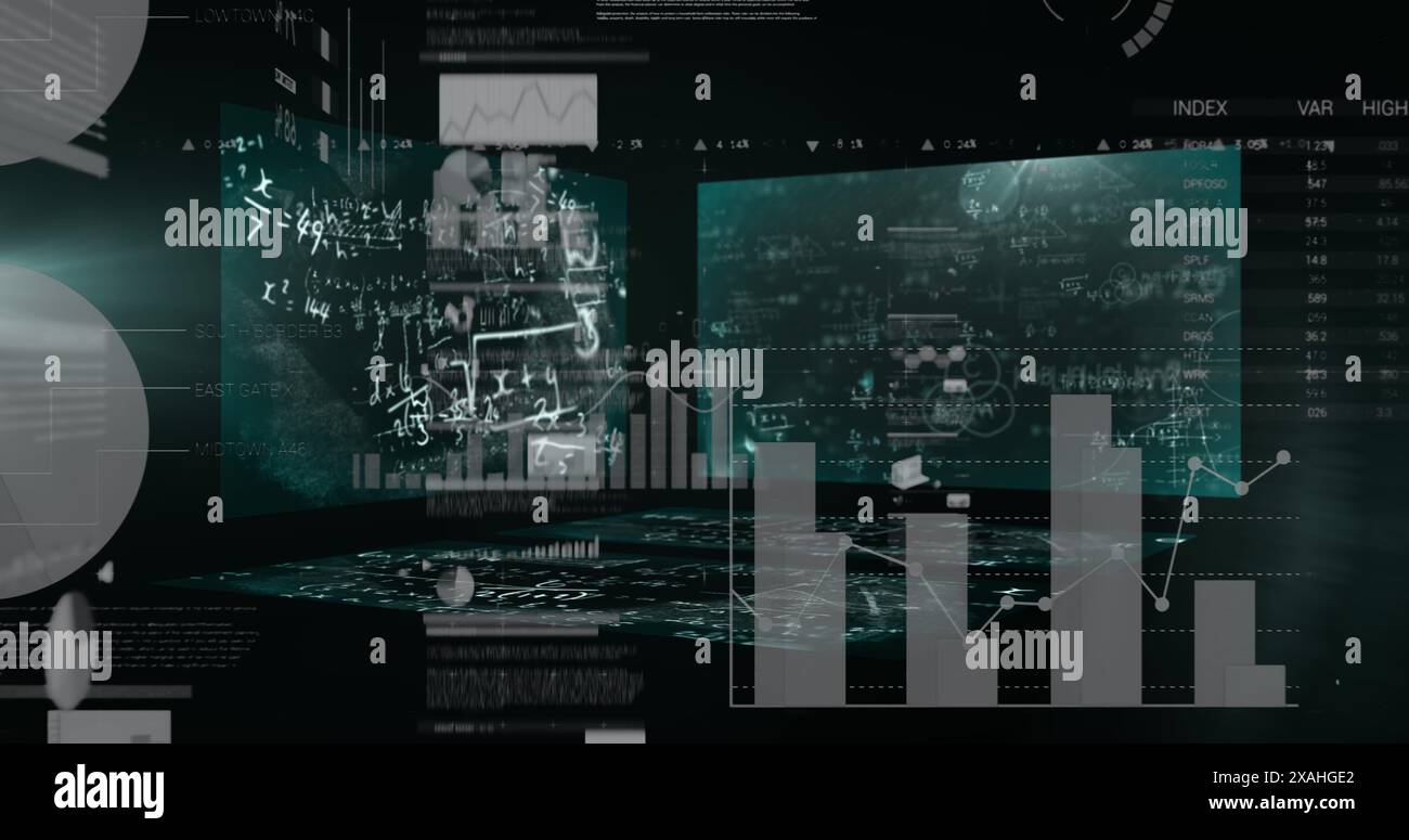 Image of data processing over screens on black background Stock Photo