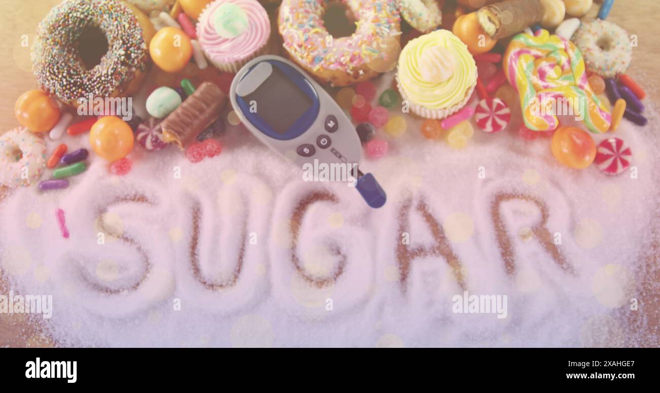 Image of sugar text over glucose meter and sweets Stock Photo