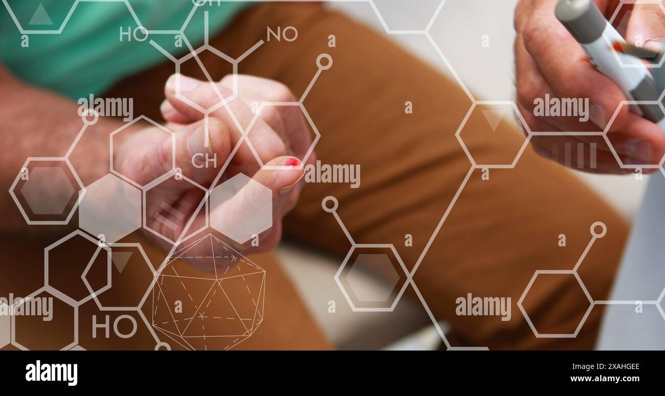 Image of chemistry formulas test over patient using glucose meter Stock Photo