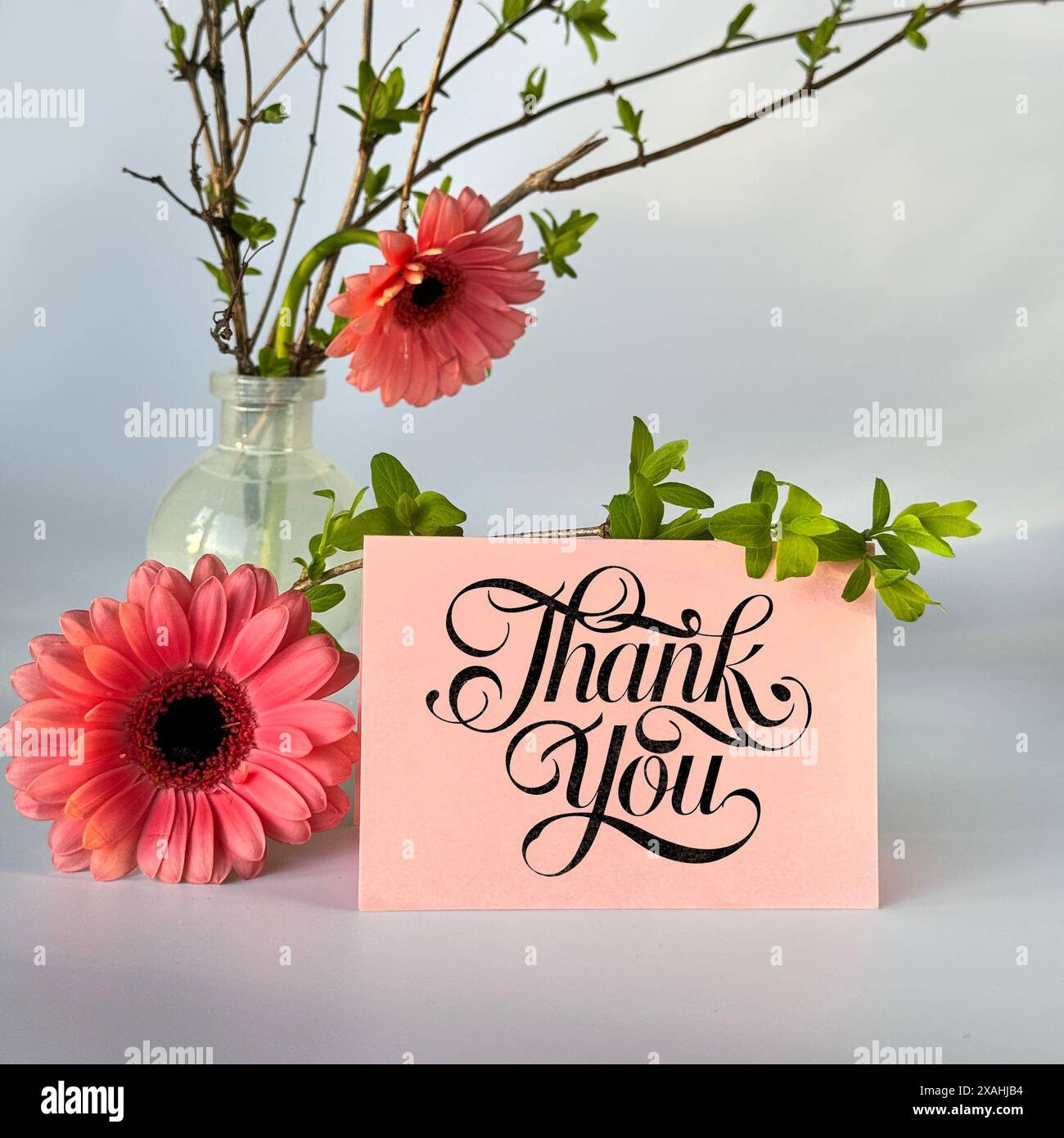 Thank You Card with Pink Flowers and Greenery in Glass Vase on Light ...