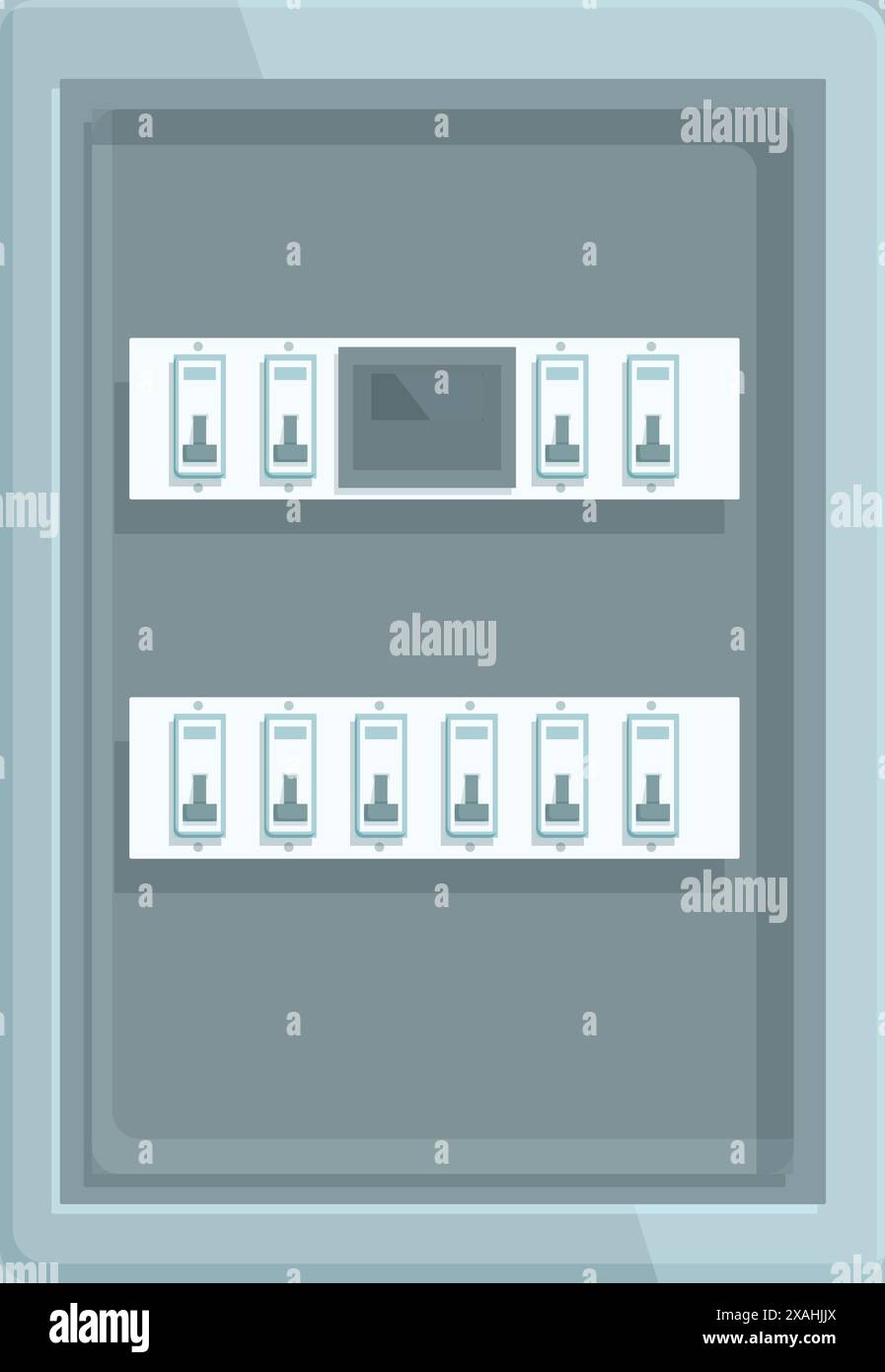 Illustration of an electrical panel featuring rows of circuit breakers