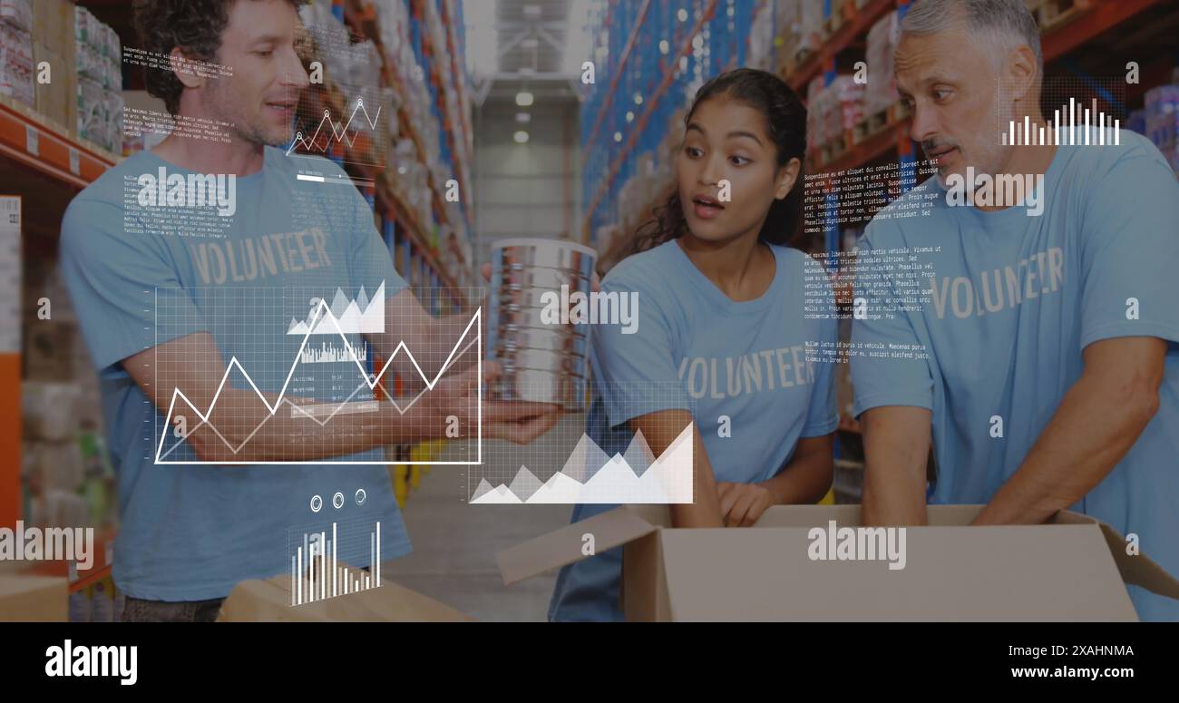 Image of data processing over team of diverse volunteers opening donation boxes at warehouse Stock Photo