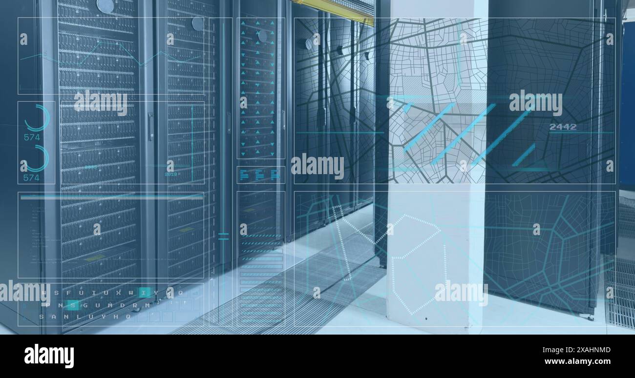 Image of interface with data processing against computer server room Stock Photo