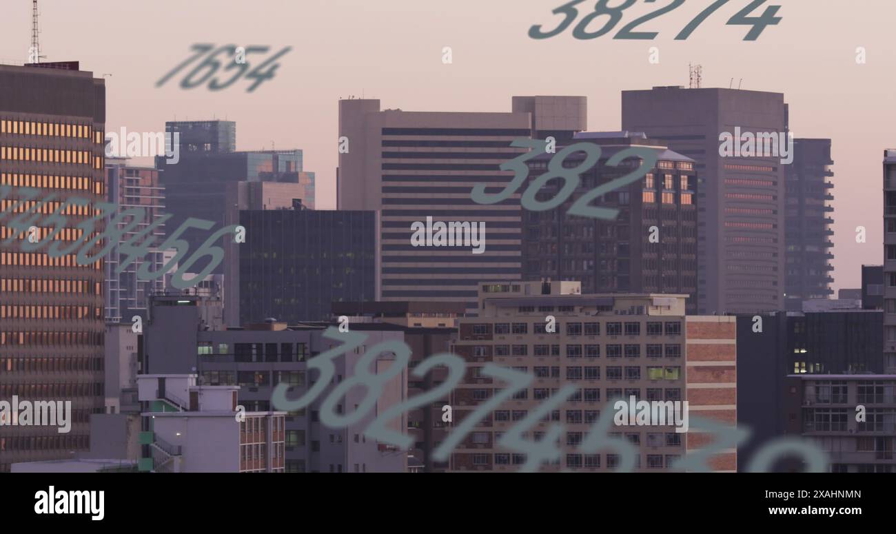 Image of numbers and data processing over cityscape Stock Photo