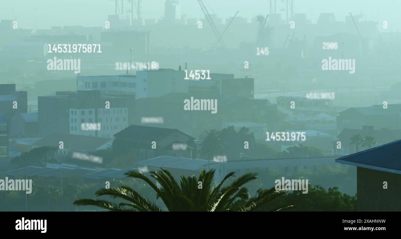 Image of numbers and data processing over cityscape Stock Photo