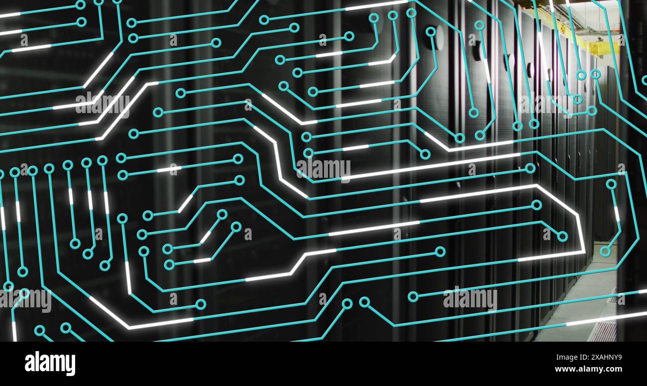 Image of circuit board over computer servers Stock Photo