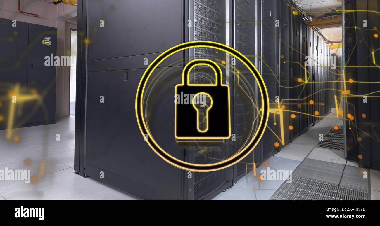 Image of security padlock icon and light trails against computer server ...